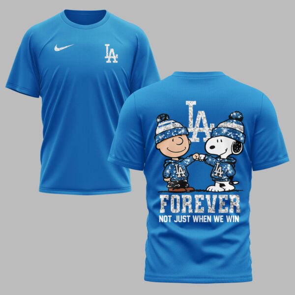 LA Dodgers “FOREVER - Not Just When We Win” Snoopy & Charlie Glitter Friendship Premium T-Shirt PH00002