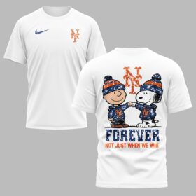 New York Mets “FOREVER - Not Just When We Win” Snoopy & Charlie Glitter Friendship Premium T-Shirt PH00002