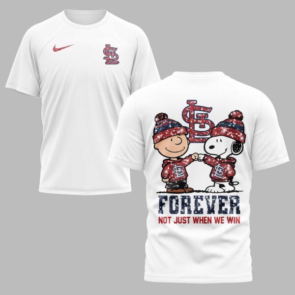 St. Louis Cardinals “FOREVER - Not Just When We Win” Snoopy & Charlie Glitter Friendship Premium T-Shirt PH00002