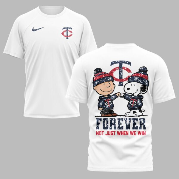 Minnesota Twins “FOREVER - Not Just When We Win” Snoopy & Charlie Glitter Friendship Premium T-Shirt PH00002