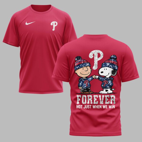 Alternative view of Philadelphia Phillies “FOREVER - Not Just When We Win” Snoopy & Charlie Glitter Friendship Premium T-Shirt PH00002