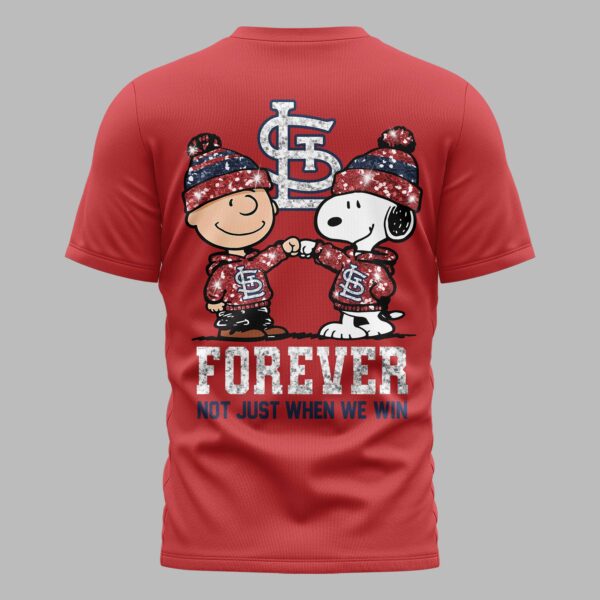 Alternative view of St. Louis Cardinals “FOREVER - Not Just When We Win” Snoopy & Charlie Glitter Friendship Premium T-Shirt PH00002