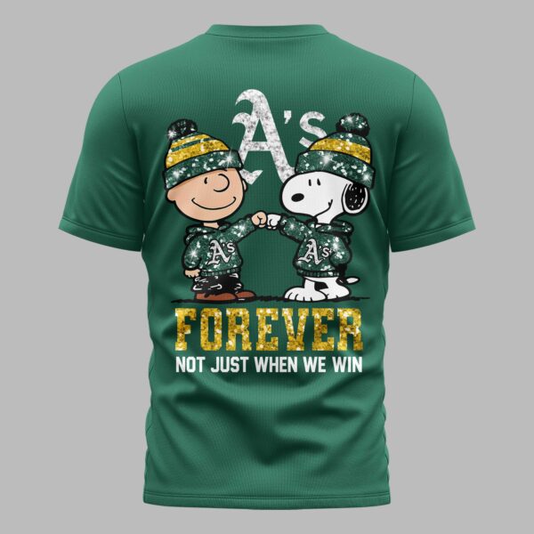 Alternative view of Oakland Athletics “FOREVER - Not Just When We Win” Snoopy & Charlie Glitter Friendship Premium T-Shirt PH00002