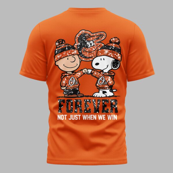 Alternative view of Baltimore Orioles “FOREVER - Not Just When We Win” Snoopy & Charlie Glitter Friendship Premium T-Shirt PH00002