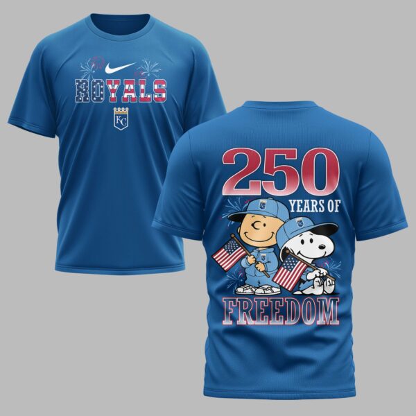 Alternative view of Kansas City Royals 250th Freedom Anniversary Snoopy & Charlie Friendship Premium T-Shirt PH00003