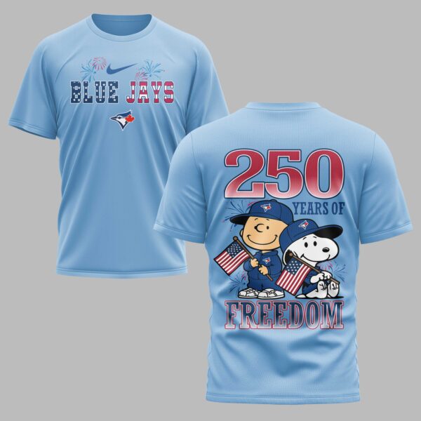 Alternative view of Toronto Blue Jays 250th Freedom Anniversary Snoopy & Charlie Friendship Premium T-Shirt PH00003