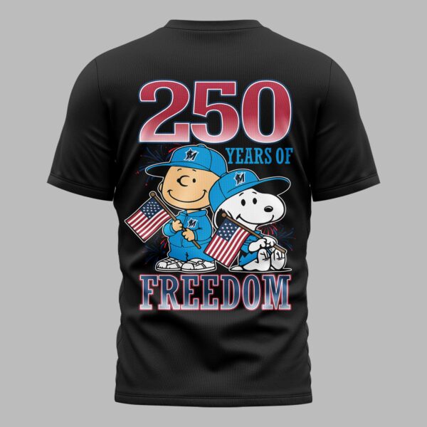Alternative view of Miami Marlins 250th Freedom Anniversary Snoopy & Charlie Friendship Premium T-Shirt PH00003
