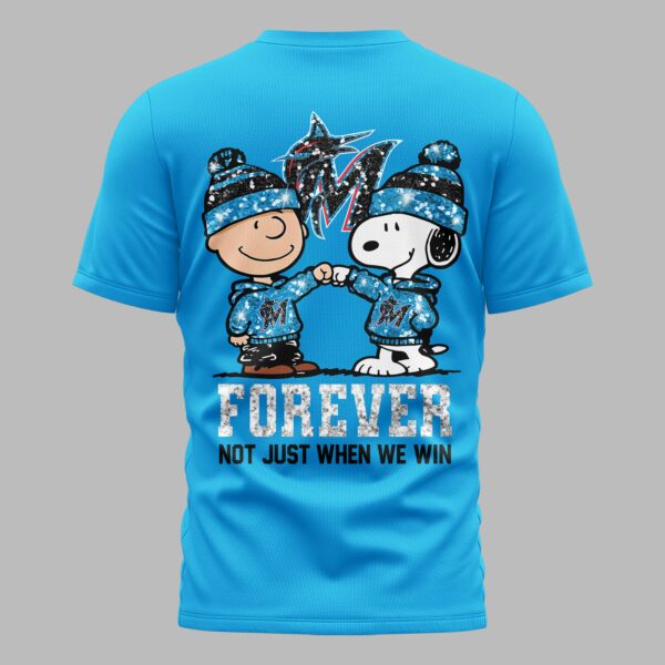 Alternative view of Miami Marlins “FOREVER - Not Just When We Win” Snoopy & Charlie Glitter Friendship Premium T-Shirt PH00002