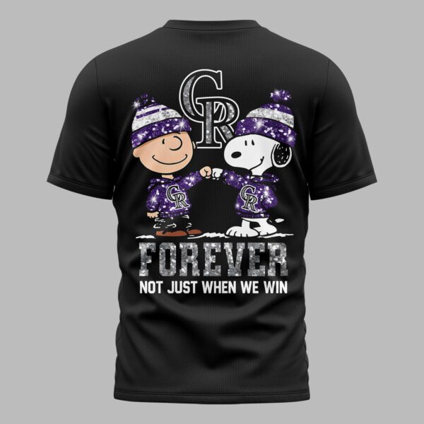 Alternative view of Colorado Rockies “FOREVER - Not Just When We Win” Snoopy & Charlie Glitter Friendship Premium T-Shirt PH00002
