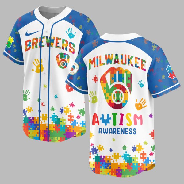 Milwaukee Brewers Autism Awareness Puzzle Premium Jersey LT0007